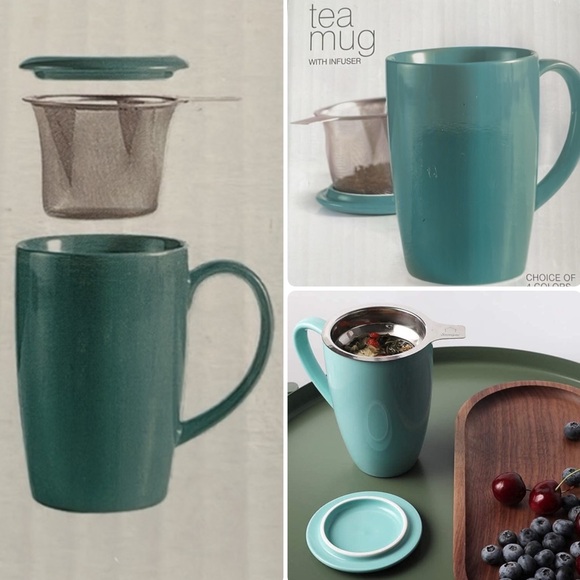 TEA MUG WITH INFUSER & LID STONEWARE - Picture 1 of 11